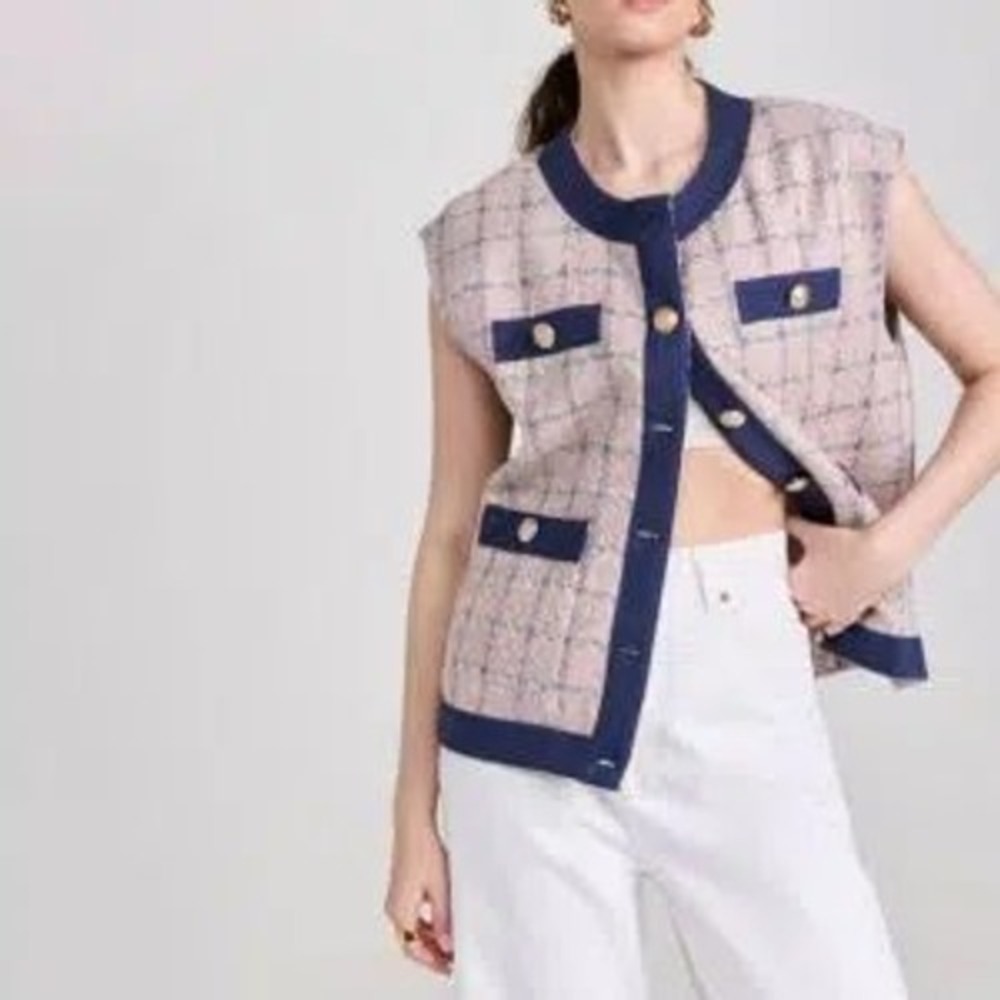 LAGENCE‎ Laurel Tweed Oversized Vest Gold Crest Button Navy & Pink New